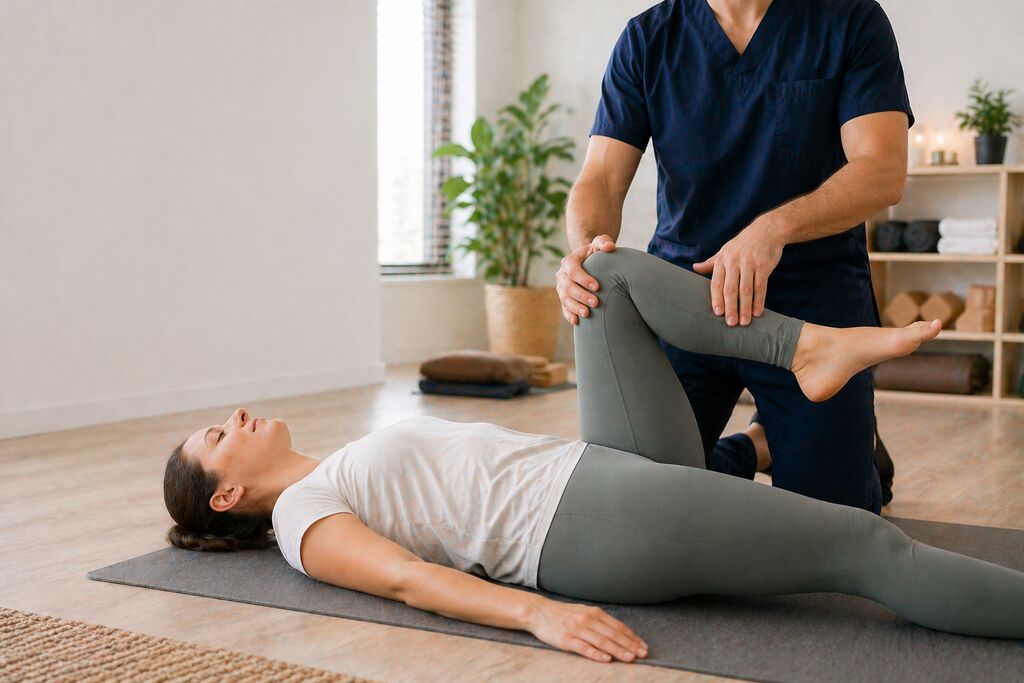 Pessoa em pose de yoga terapêutico num estúdio luminoso.